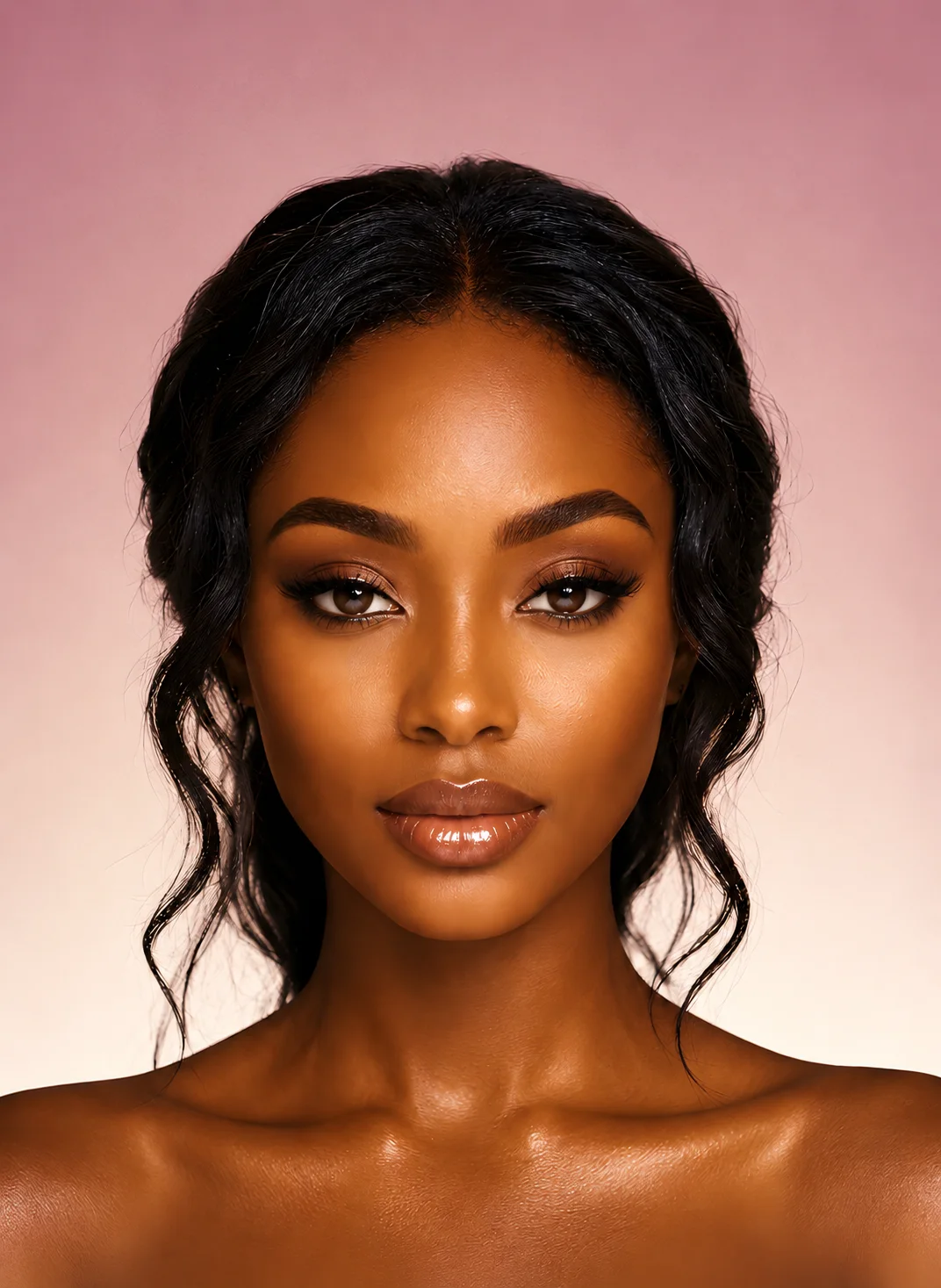 Close-up portrait of a woman with sculpted brows, lush lashes, and soft glam makeup — Beauty by Indy