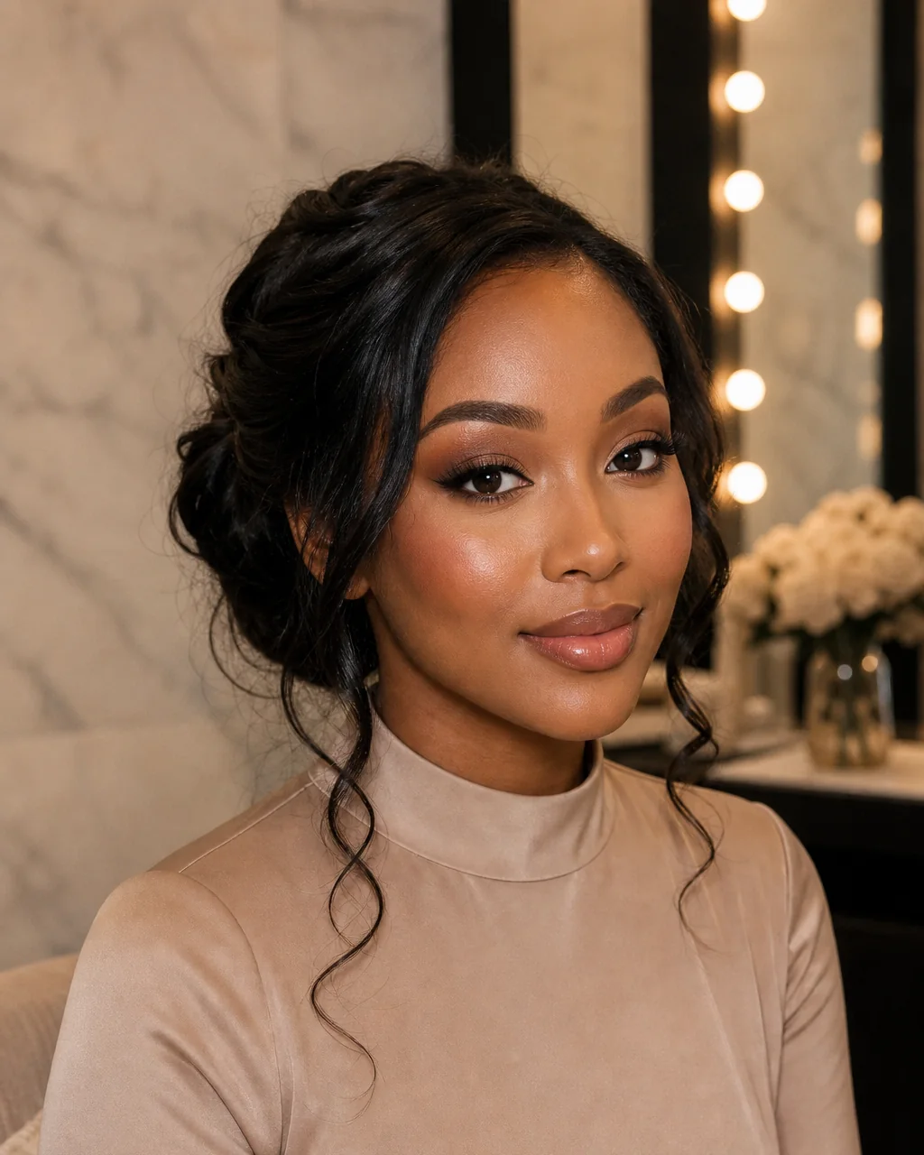 Bridesmaid Glam makeup look with soft bridal-party polish on a client