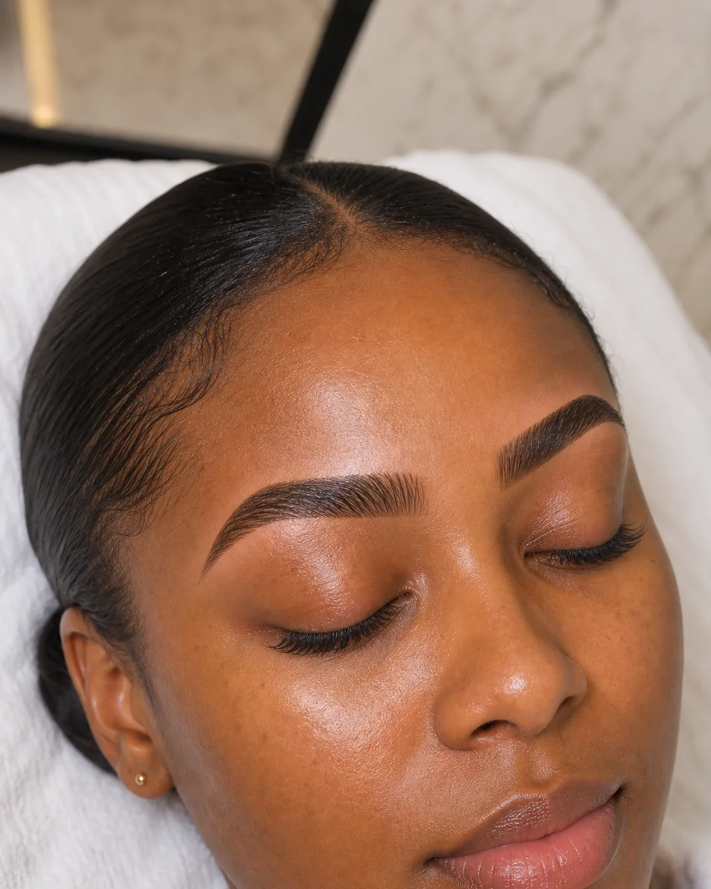Eyebrow Combo result with cleaned shaped and tinted brows on a client