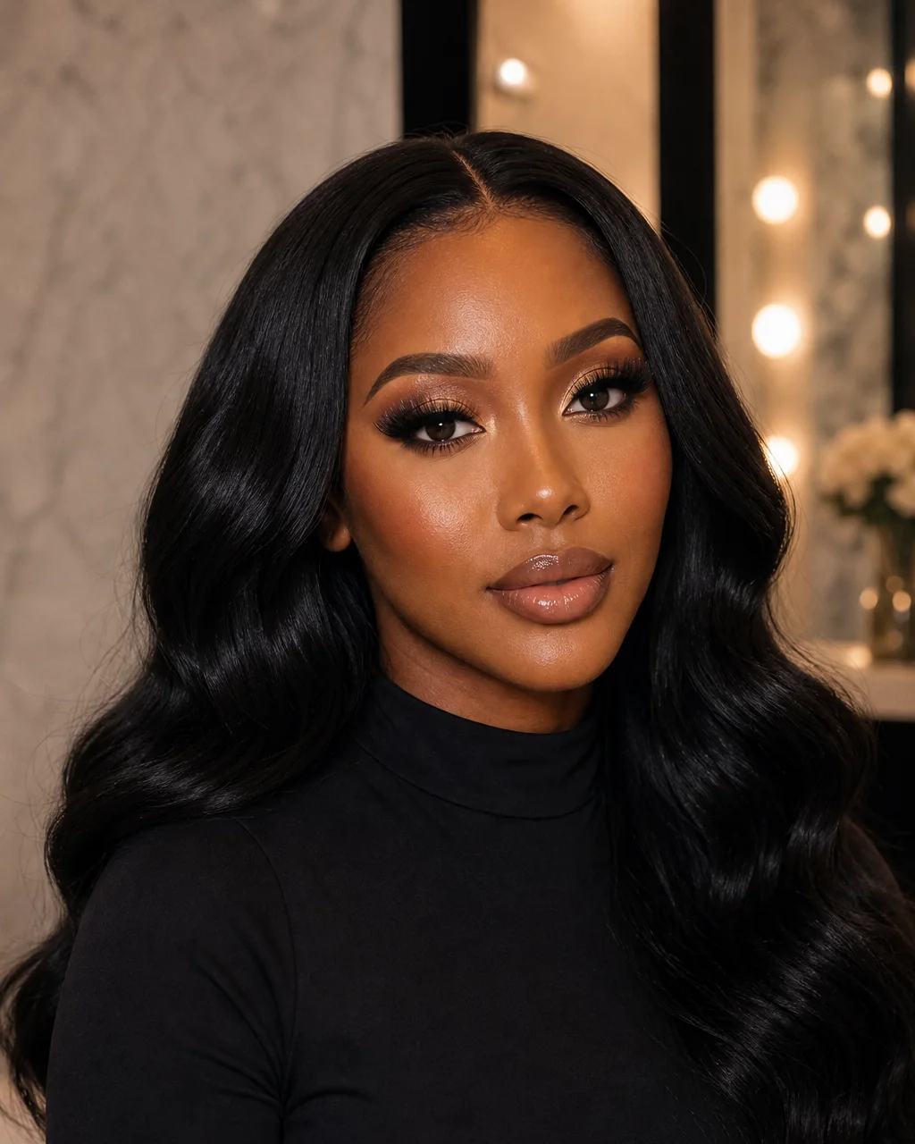 Full Glam makeup look with sculpted contour and full lashes on a client