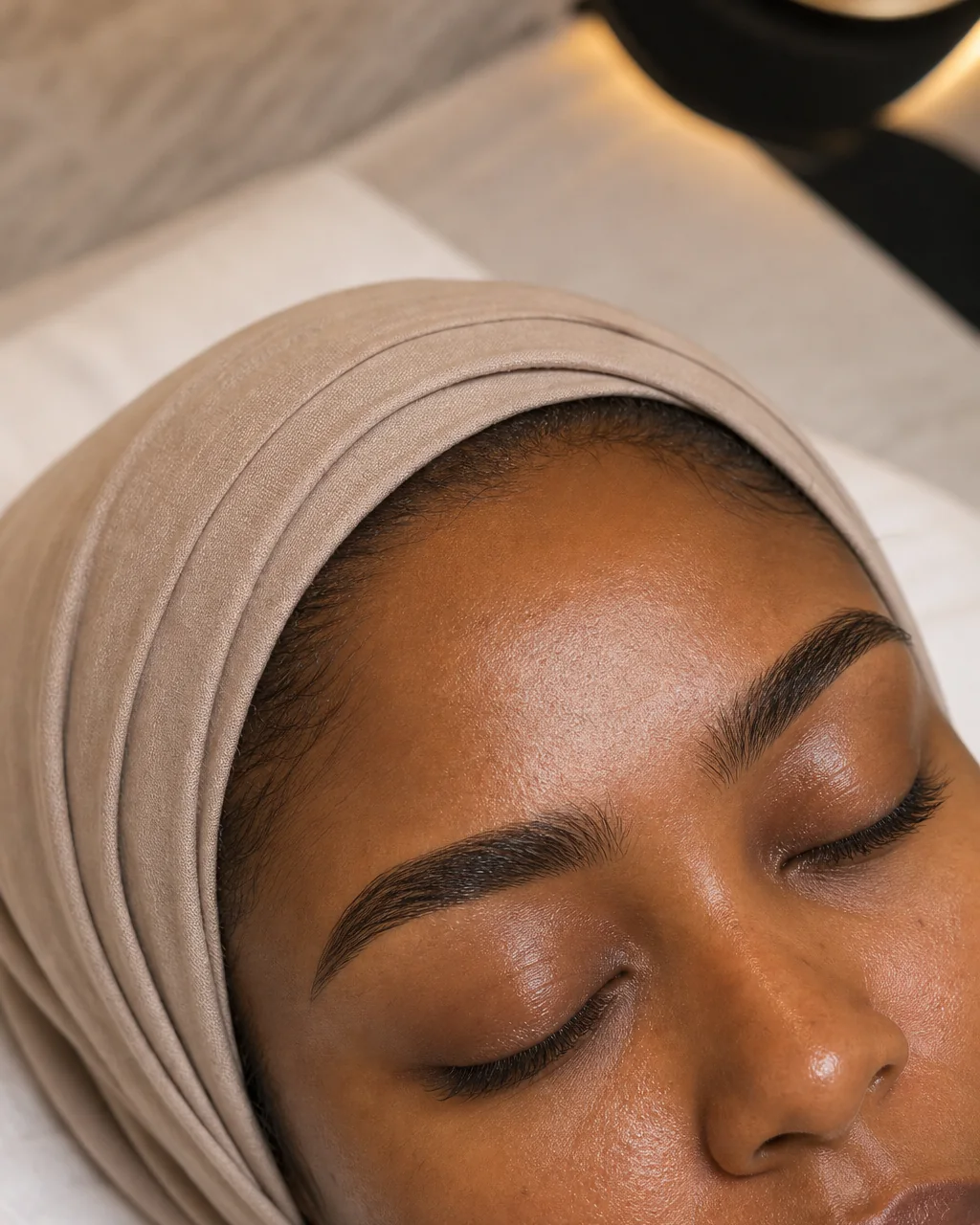 Halal Style Eyebrows with natural shaping on a client in a neutral headwrap