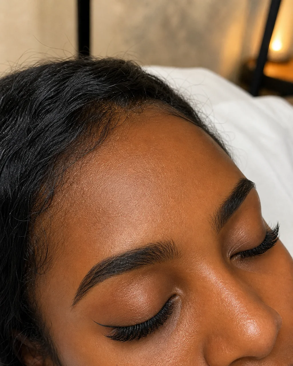 Natural Cat-Eye lash clusters with subtle outer-corner lift on a client
