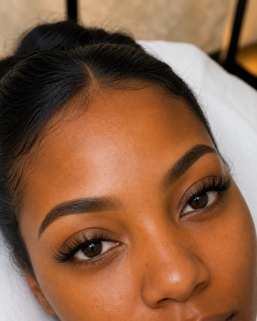 Open-Eye Doll Eye lash clusters with rounded eye-opening placement on a client