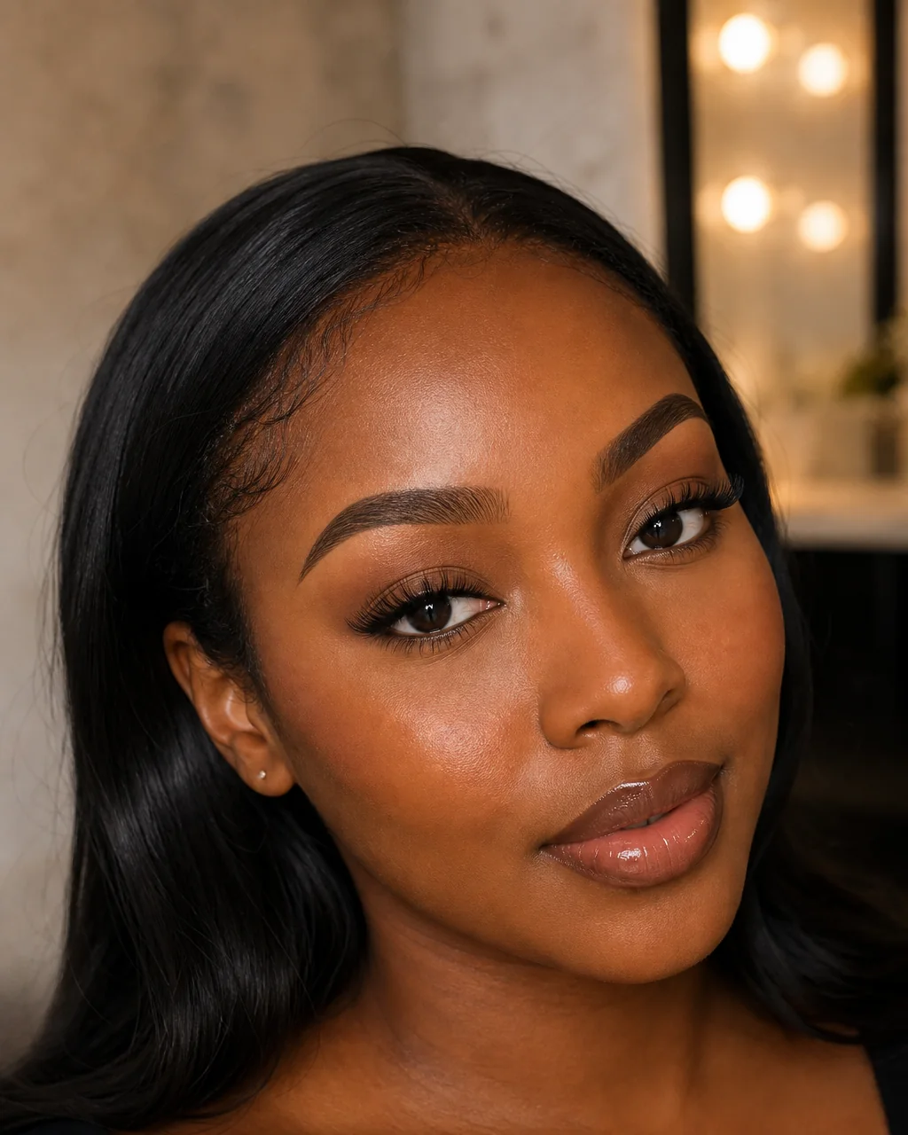 Soft Natural Glam makeup look with warm neutral glow on a client