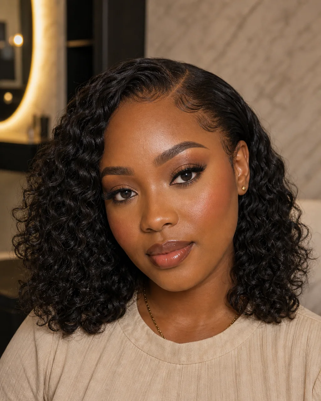 Special Occasion Makeup look with defined natural curls on a client