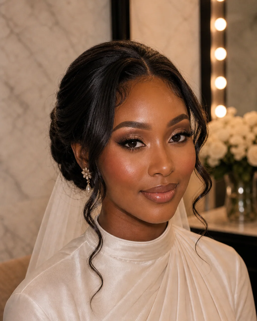 Wedding Day Bridal Glam makeup look with polished bridal updo on a client