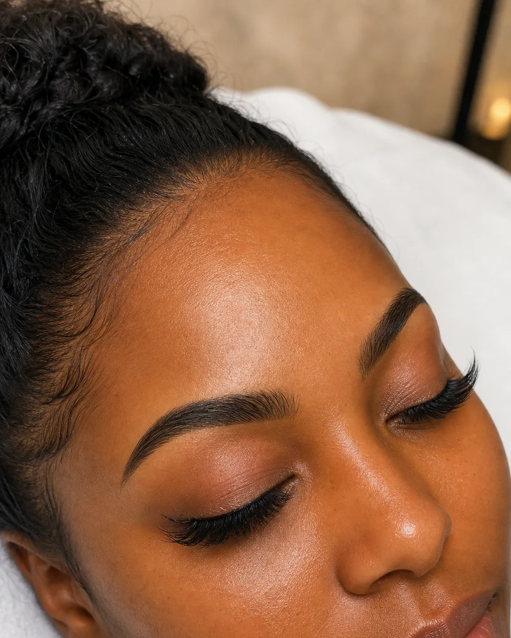 Wispy Cat-Eye lash clusters with soft lifted texture on a client